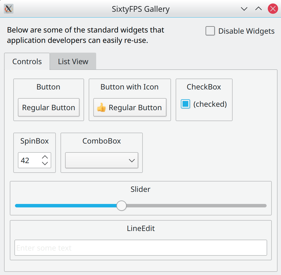 SixtyFPS Widget Gallery using the Native style