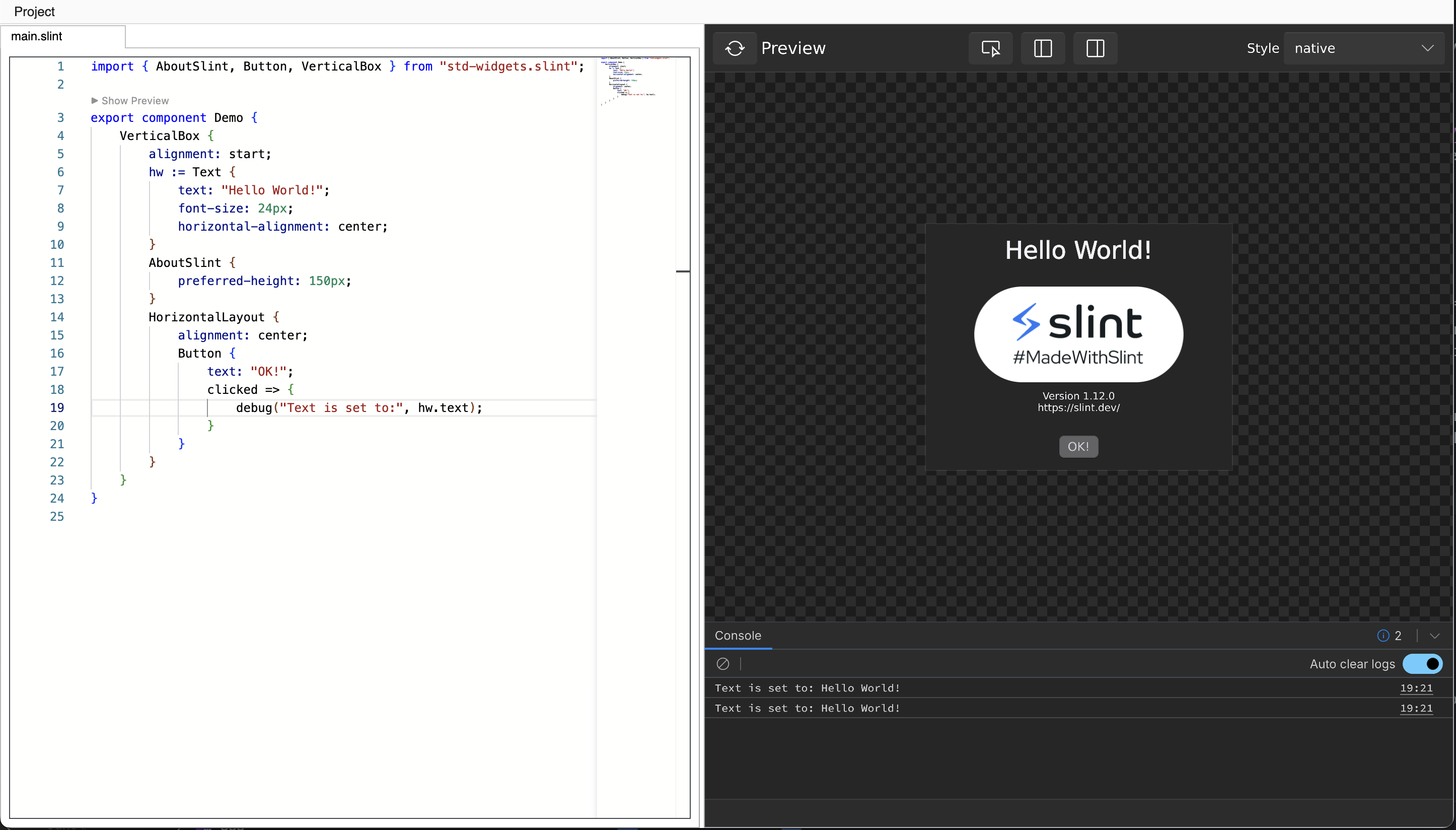 Screenshot of the debug console